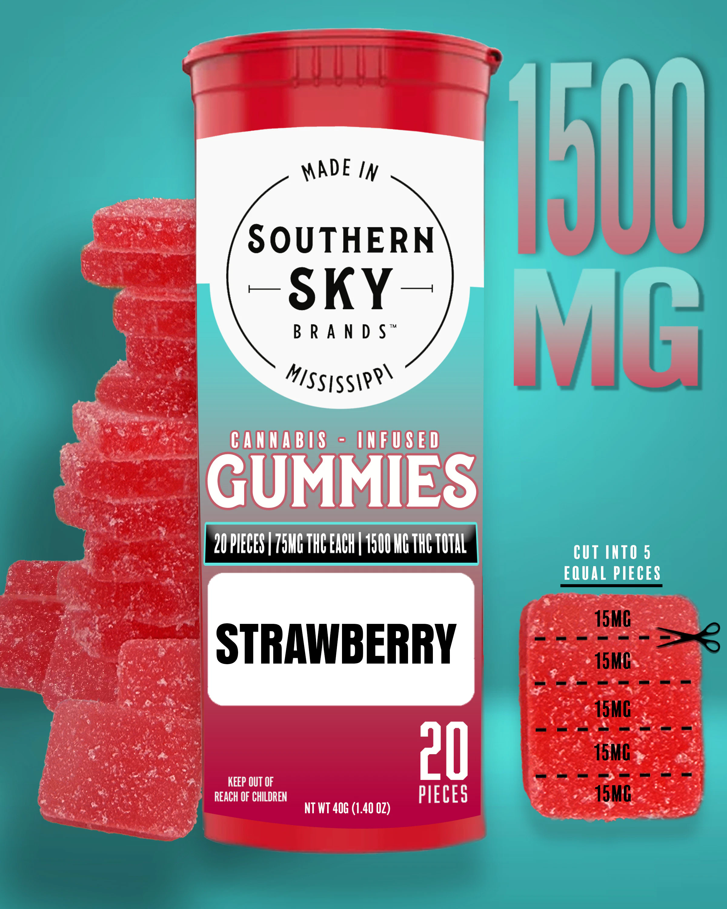 Southern Sky Brands - Strawberry Temptations Gummies x 20 - 1500mg Main Image